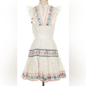 Oliphant Dress with Floral Embroidery - White, Pink, and Green